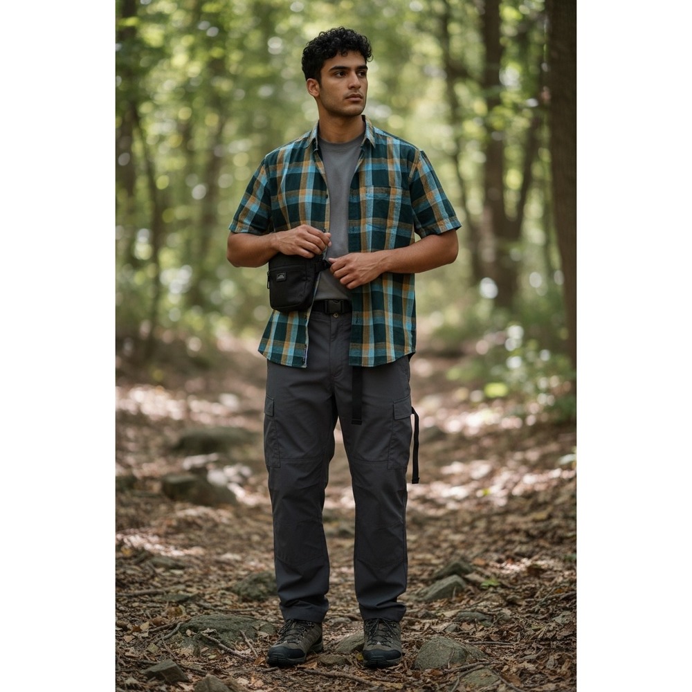 prAna Button Down Shirt Large Teal Brown Plaid S/S Outdoor Casual Gorpcore Mens